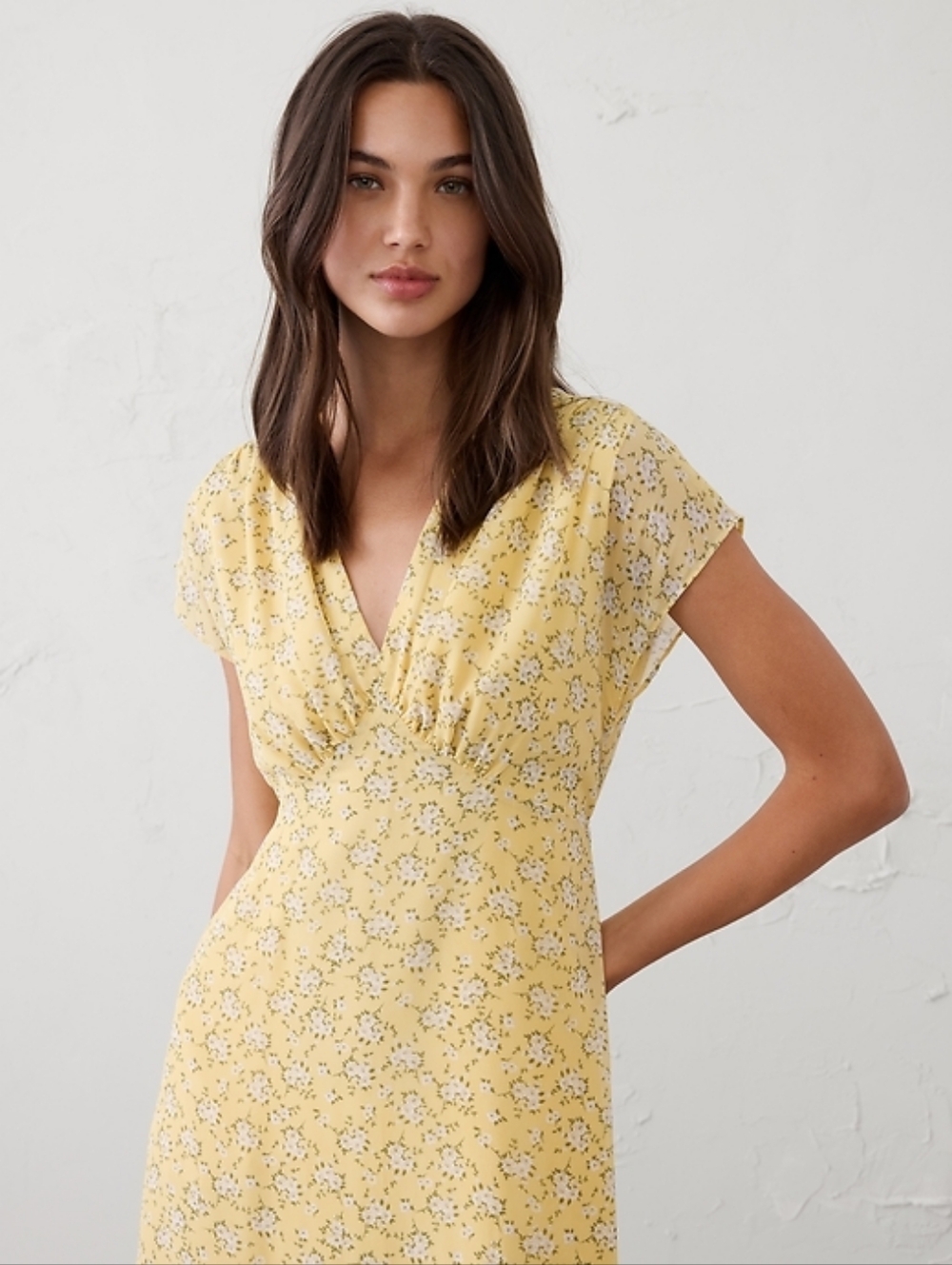 NWT Gathered Empire Midi Dress Size Large In Yellow Print By Banana Republic